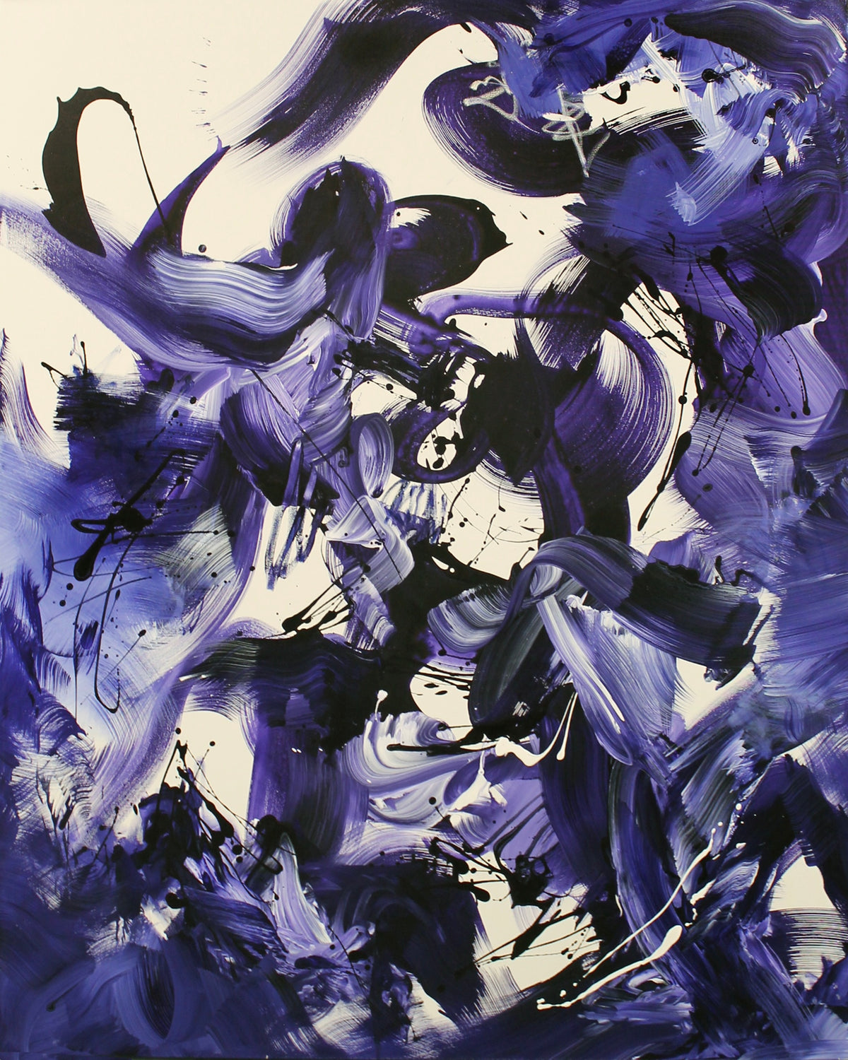 Unleashed by Paresh Nrshinga, original abstract painting in violet, indigo, black and white on a cream background