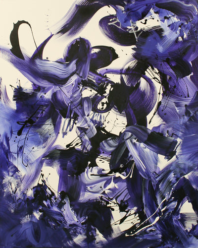 Unleashed by Paresh Nrshinga, original abstract painting in violet, indigo, black and white on a cream background