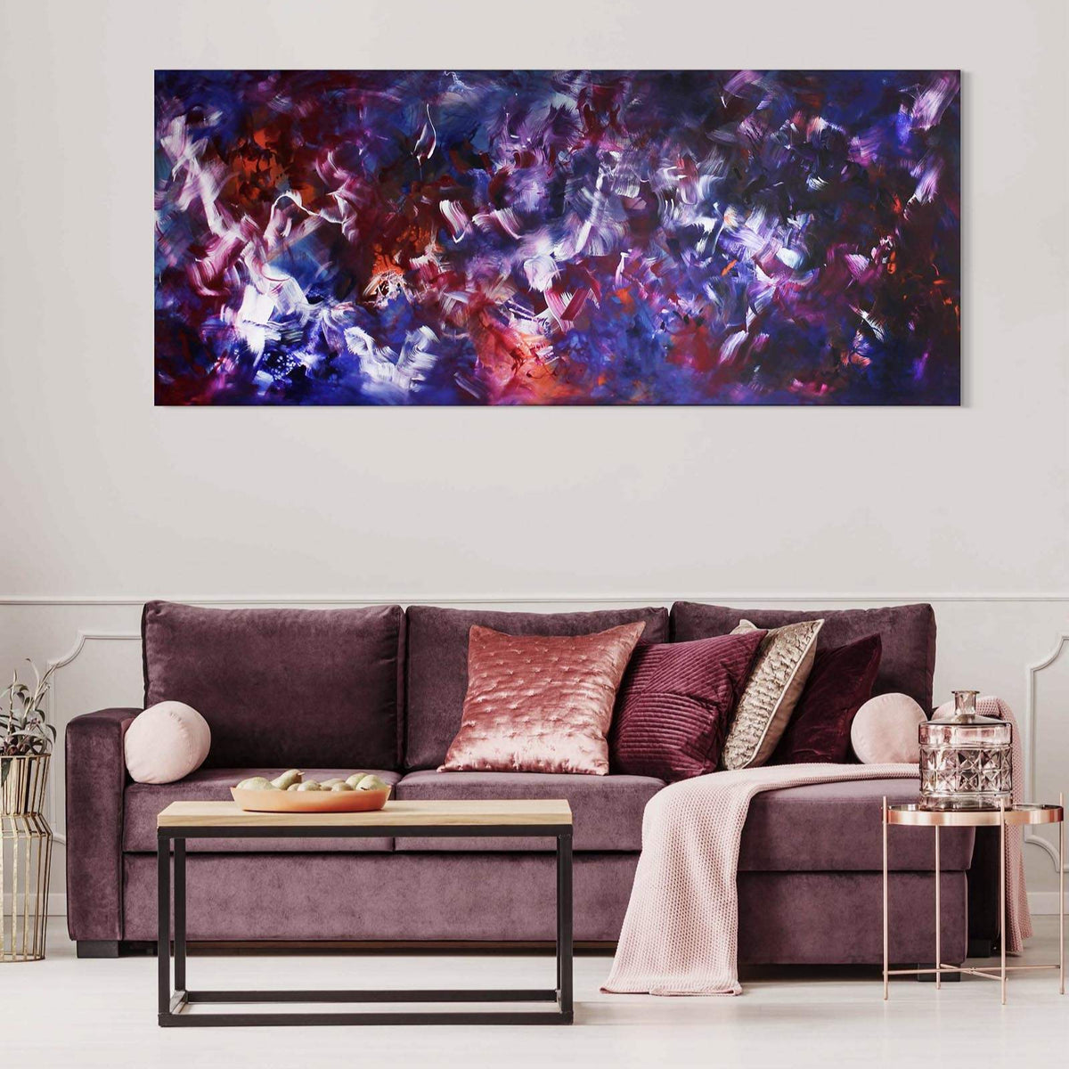 Waiting For A Star To Fall, original Purple, Red abstract painting by Paresh Nrshinga displayed in a contemporary interior.