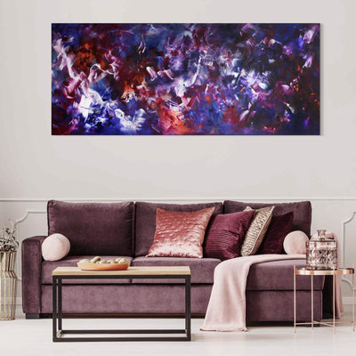 Waiting For A Star To Fall, original Purple, Red abstract painting by Paresh Nrshinga displayed in a contemporary interior.
