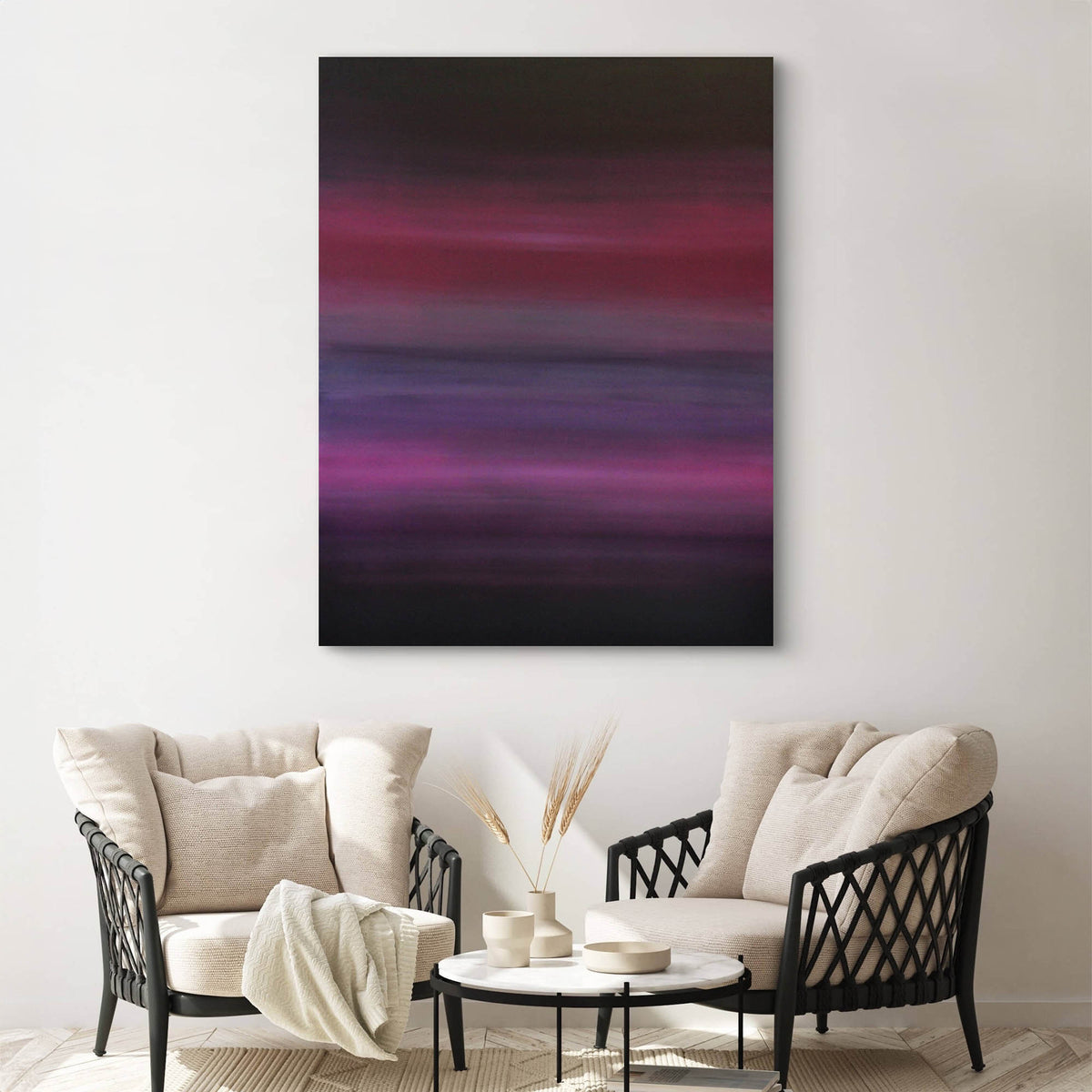 Winter Lake I, original Crimson, Pink, Plum abstract painting by Paresh Nrshinga displayed in a contemporary interior.