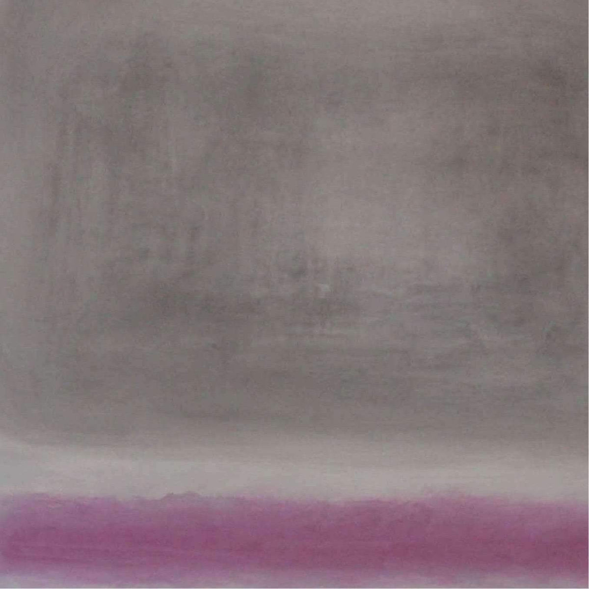 Geometric abstract painting with muted grey tones and a bold pink horizon line.