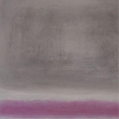 Geometric abstract painting with muted grey tones and a bold pink horizon line.