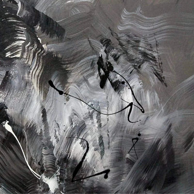Monochrome abstract artwork with dynamic brush strokes and shapes conveying a sense of movement and energy