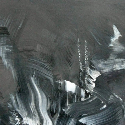Monochrome abstract artwork with dynamic brush strokes in shades of gray and white, creating a dreamlike, expressive composition.