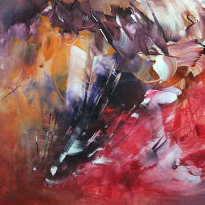 Large abstract painting with vibrant colors and dynamic brushstrokes