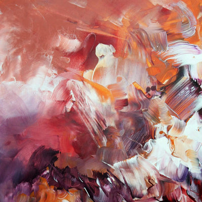 Large abstract painting with vibrant colors
Abstract square canvas featuring swirling brushstrokes in shades of red, orange, and purple