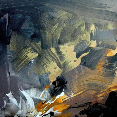 Vibrant abstract artwork | Large square painting with dynamic brushstrokes in shades of green, yellow, and black | Contemporary abstract art piece