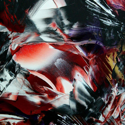 Vibrant abstract composition with dynamic swirls of red, purple, and black tones, creating an energetic and visually captivating artwork.