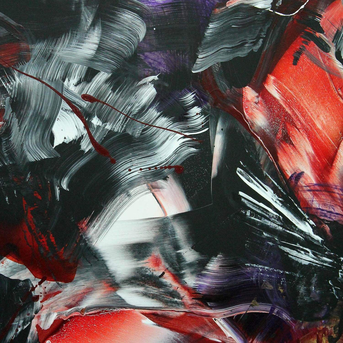 Large abstract canvas painting with bold, dynamic brushstrokes in shades of red, black, purple, and white.