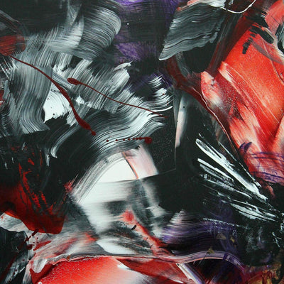 Large abstract canvas painting with bold, dynamic brushstrokes in shades of red, black, purple, and white.