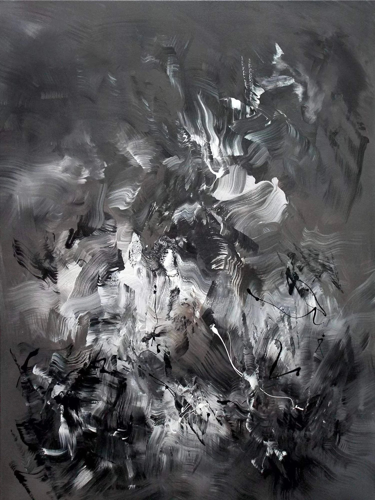 Monochrome abstract artwork with dynamic, expressive brushstrokes in shades of black and white, creating a dramatic, dreamlike composition.