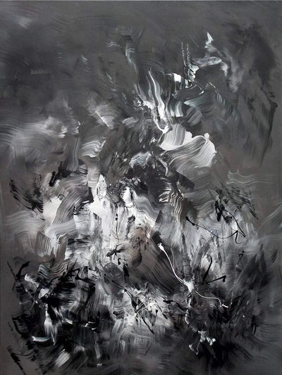 Monochrome abstract artwork with dynamic, expressive brushstrokes in shades of black and white, creating a dramatic, dreamlike composition.