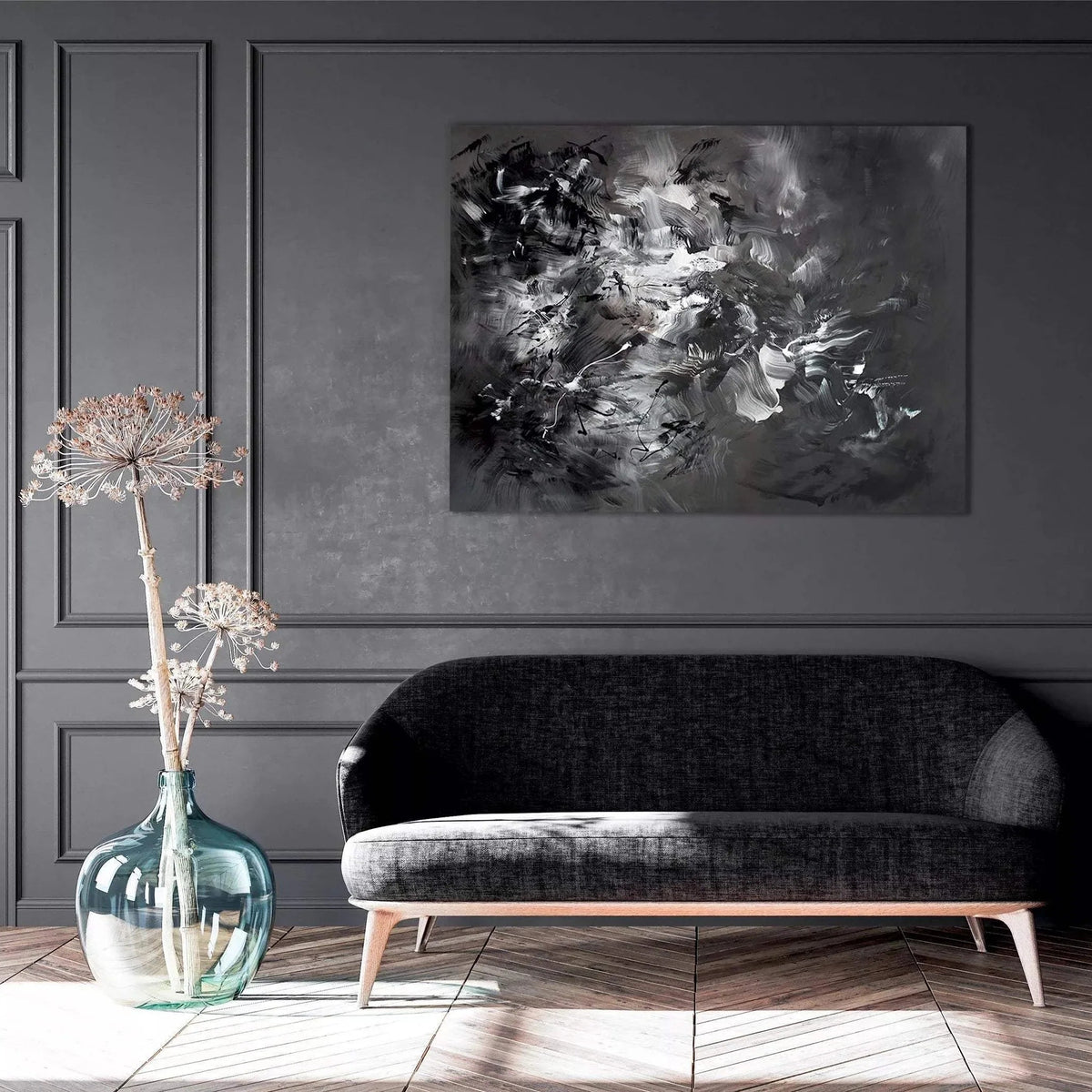 Shadows Of Your Dream, original Black, White abstract painting by Paresh Nrshinga displayed in a contemporary interior.