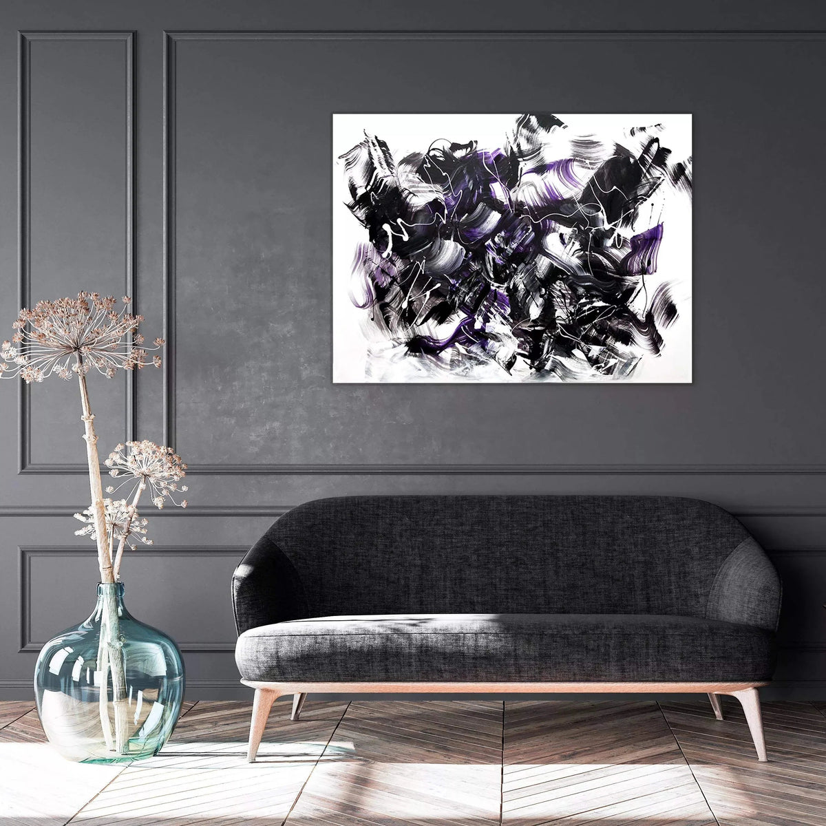 Unexpected, original Black, White abstract painting by Paresh Nrshinga displayed in a contemporary interior.
