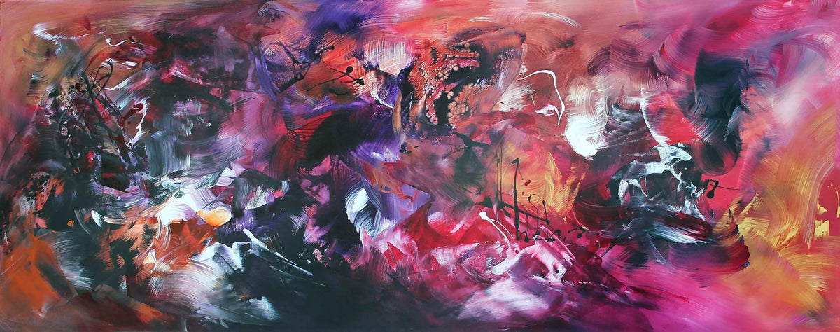 Welcome To The World, original Purple, Red abstract painting by Paresh Nrshinga.